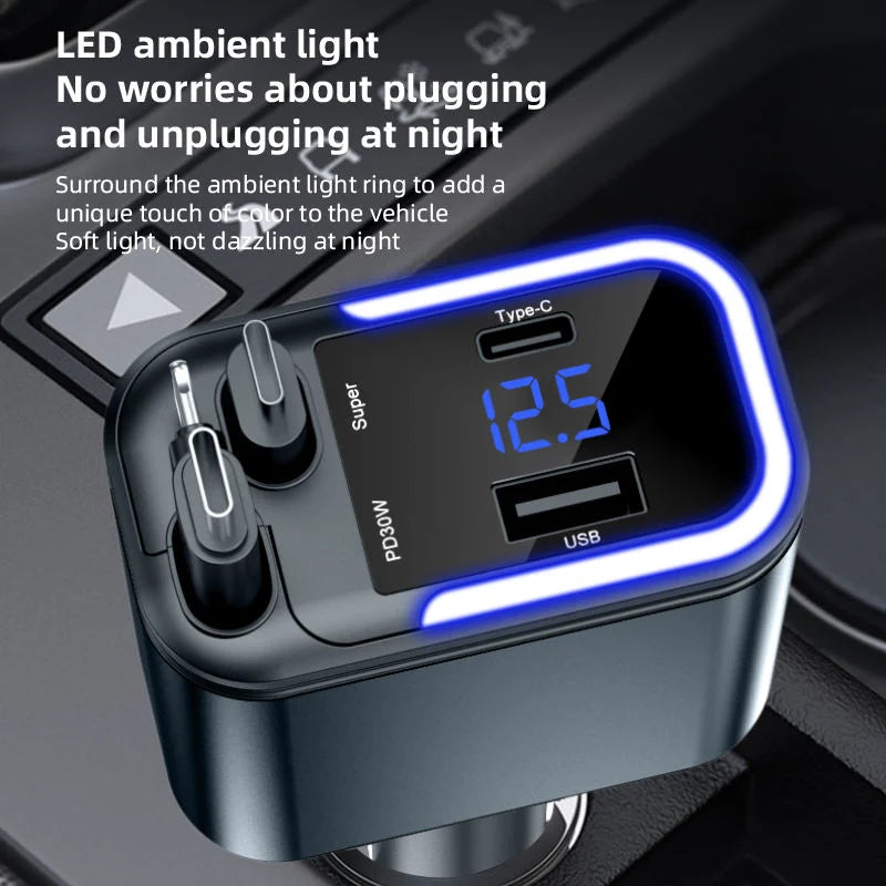 5-in-1 LED Display Car Charger | 220W Super Fast PD & QC3.0 USB Type-C Charger