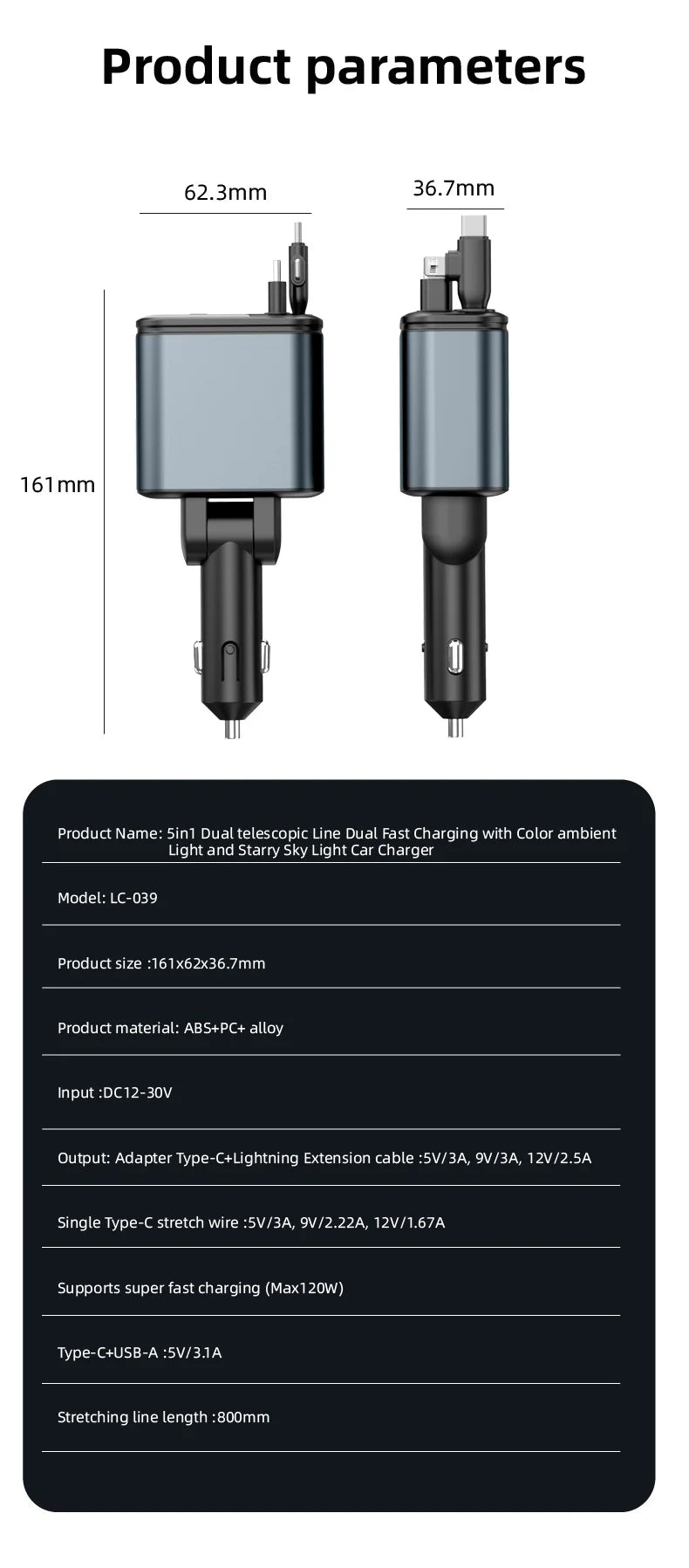5-in-1 LED Display Car Charger | 220W Super Fast PD & QC3.0 USB Type-C Charger