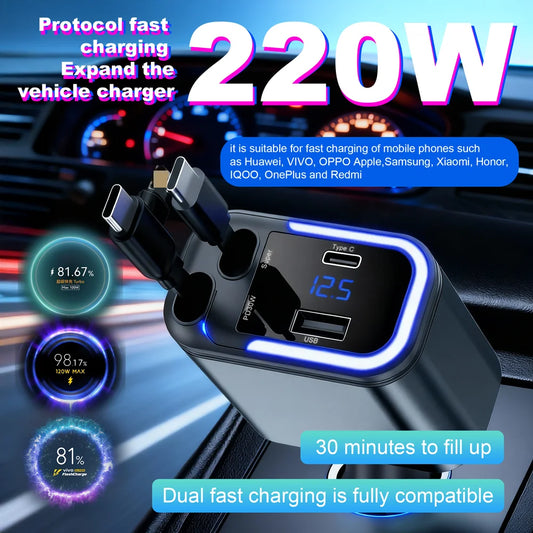 5-in-1 LED Display Car Charger | 220W Super Fast PD & QC3.0 USB Type-C Charger